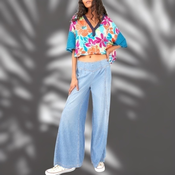 FREE PEOPLE Cotton on a Boat Colorblock V-Neck Boxy Cropped Cotton Polo Top NWT - Picture 8 of 14